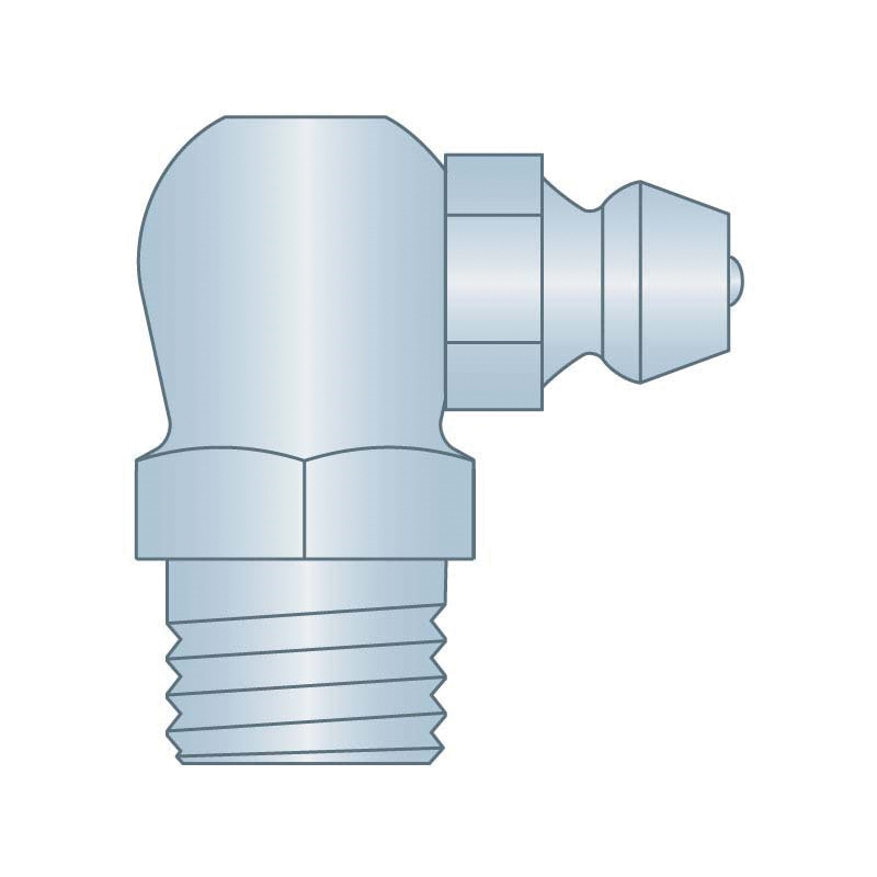 Zerk Grease Fitting, 90 deg, 5/16-24 UNF Thread, 0.71 in Overall Length, 0.21 in Shank Length, 3/8 in Hex, Clear Trivalent Zinc Plated, Steel
