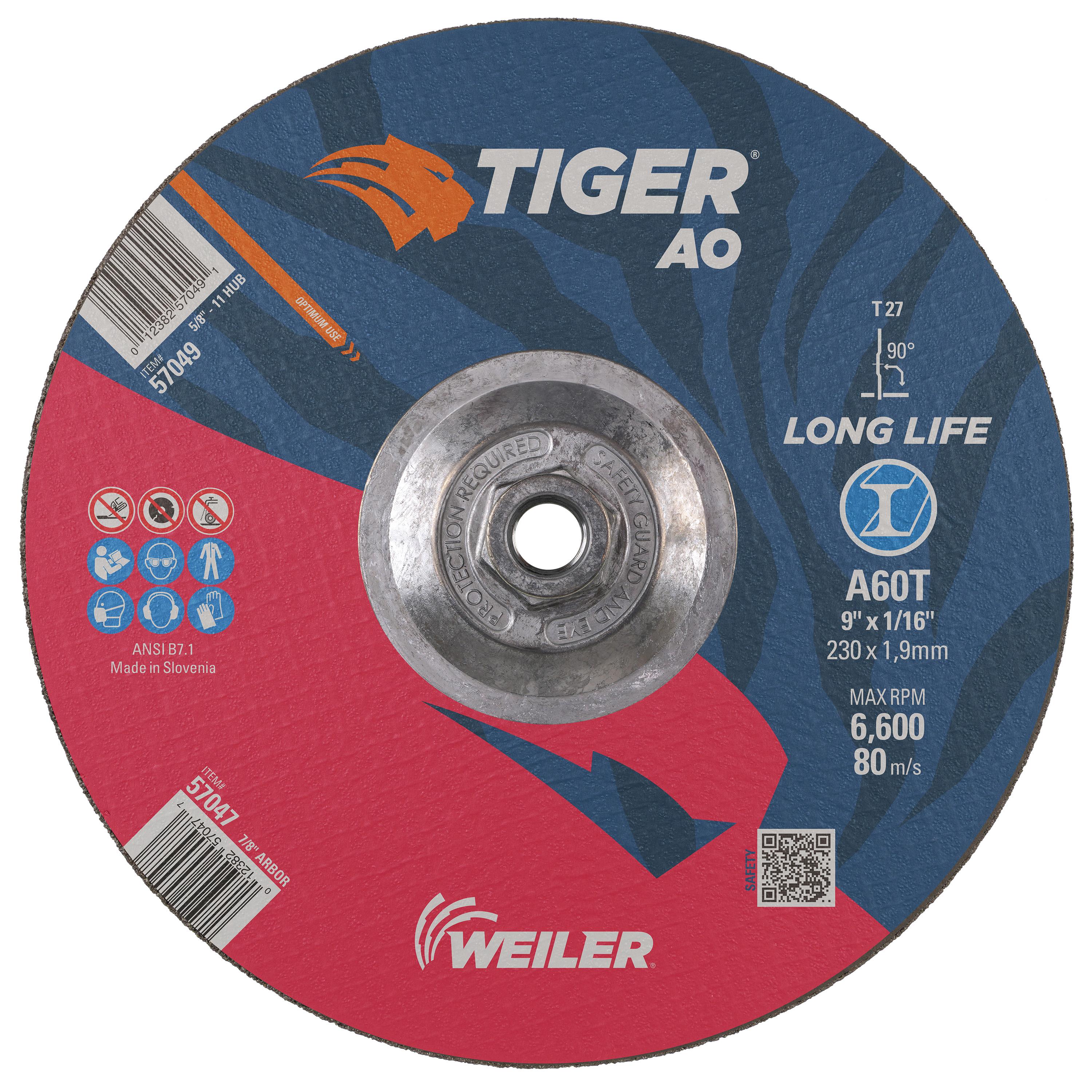 Cutting Wheel, 9 in Wheel Diameter, 1/16 in Wheel, Quick-Change Connector, 60 Grit, Premium Aluminum Oxide Abrasive, Wheel Type Number: Type 27, 6600 RPM Maximum, 5/8 in-11 Center Hole Thread, Wheel Hardness: T, Reinforced: Yes