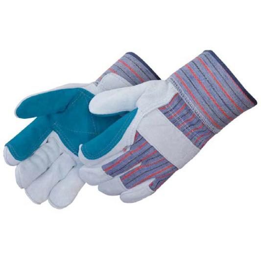 Glove, Premium, Series: 3581QPE, Leather Palm, 70% Cowhide Leather/30% Cotton, Blue/Gray/Green, Wing Thumb Style, Cotton Lining, Safety Cuff, Knuckle Strap Closure, 2-1/2 in Length
