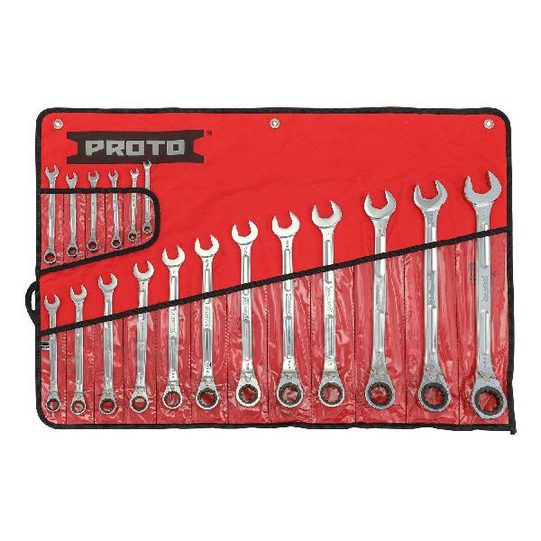 Combination Wrench Set, Imperial System of Measurement, 1/4 to 1-1/4 in Size, 18 Piece, Specifications: 15˚ Offset, Standard Head, Spline Box End, Corrosion-Resistant, Alloy Steel, Polished Chrome, Brown