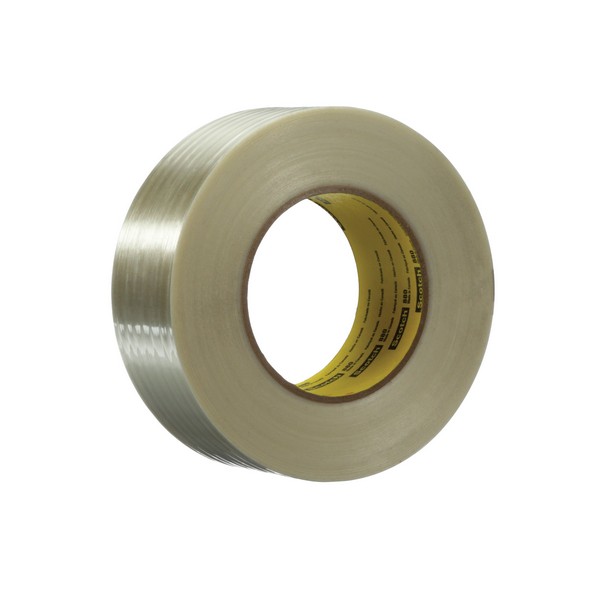 Filament Tape, 55 m Length, 12 mm Width, 7.7 mil Thickness, Polyester Yarn Filament, Clear, Synthetic Rubber Adhesive, Polypropylene Backing, 80 in-oz Adhesion Strength, 270 in-lb Tensile Strength, 80 °F Maximum Operating, 40 °F Minimum Operating, Sp