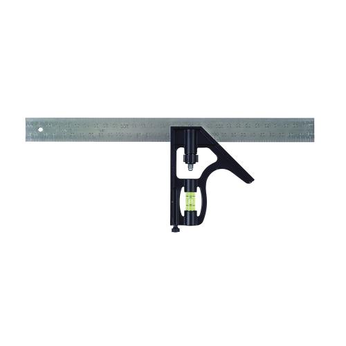 Combination Square, Graduations: 1/16 in, 45/90° Measuring Angle, Measuring System: Imperial/Metric, 12 x 1 in Tongue, Die Cast Steel, Polished Chrome
