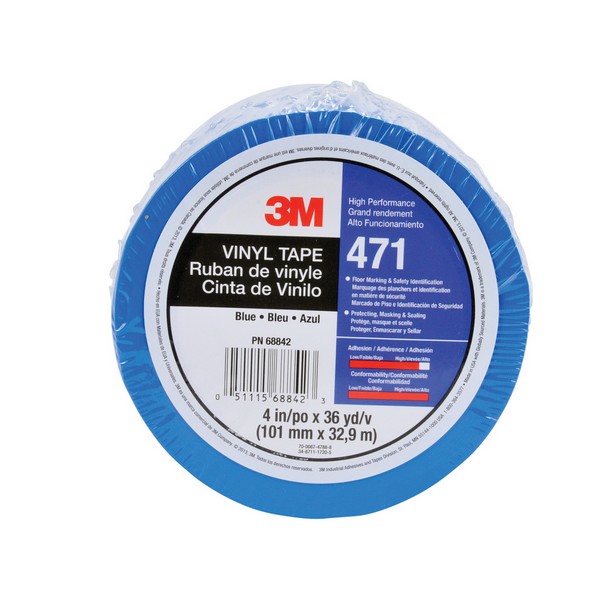 Vinyl Tape, High Performance, 36 yd Length, 4 Inch Width, 5.2 mil Thickness, Blue, Rubber Adhesive, Vinyl Backing, 14 in-lb Tensile Strength, 170 °F Maximum Operating, 40 °F Minimum Operating