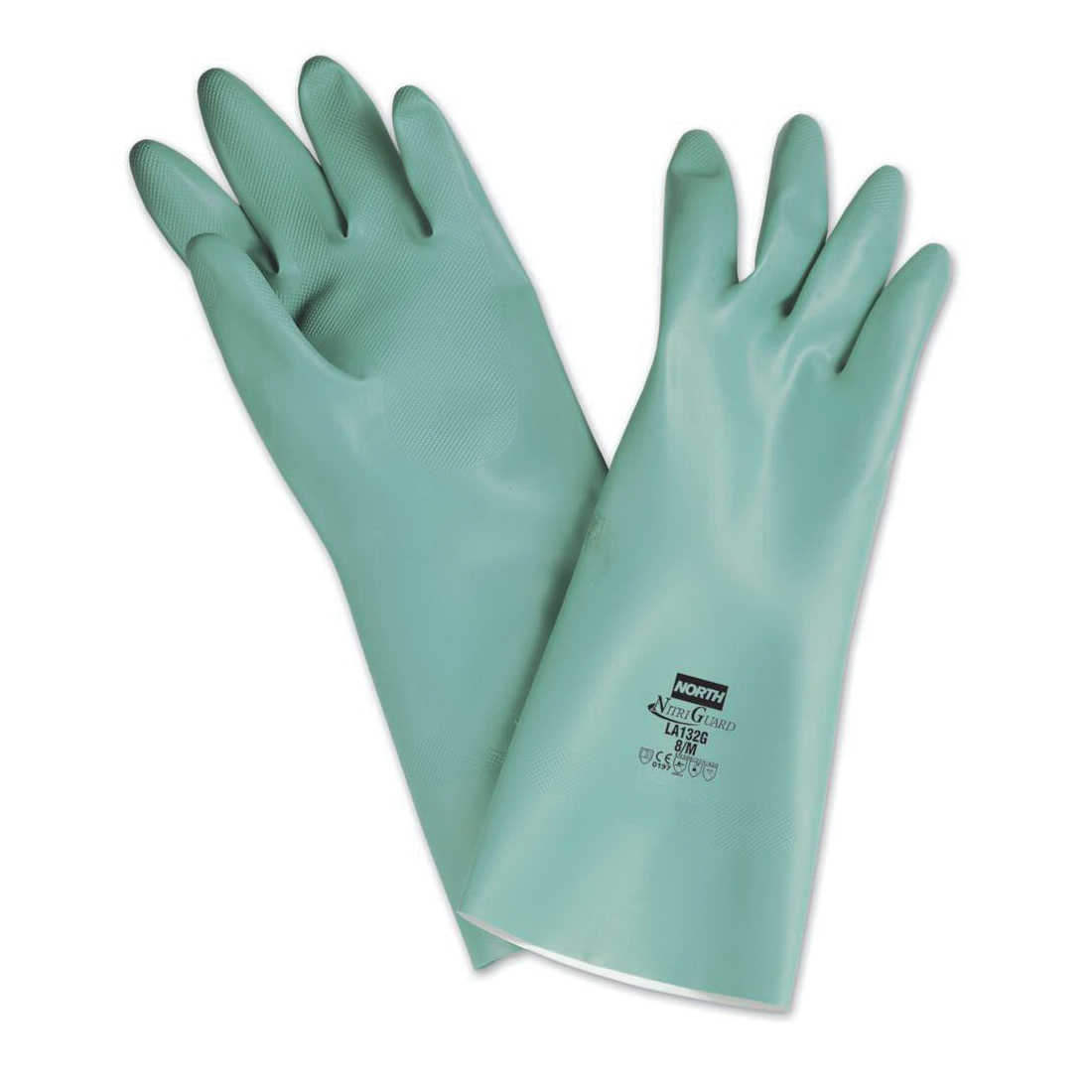 Chemical-Resistant Gloves, Dipped, Series: NitriGuard Plus™ LA132G, 9 Size, Nitrile, Green, Rough, Rough Grip Style, Flock Lining, Straight Cuff, Unsupported Support, Nitrile Coating, 13 in Length, 0.38 mm Thickness, Resists: Abrasion, Cut, Caustics, Puncture, Solvent and Snag