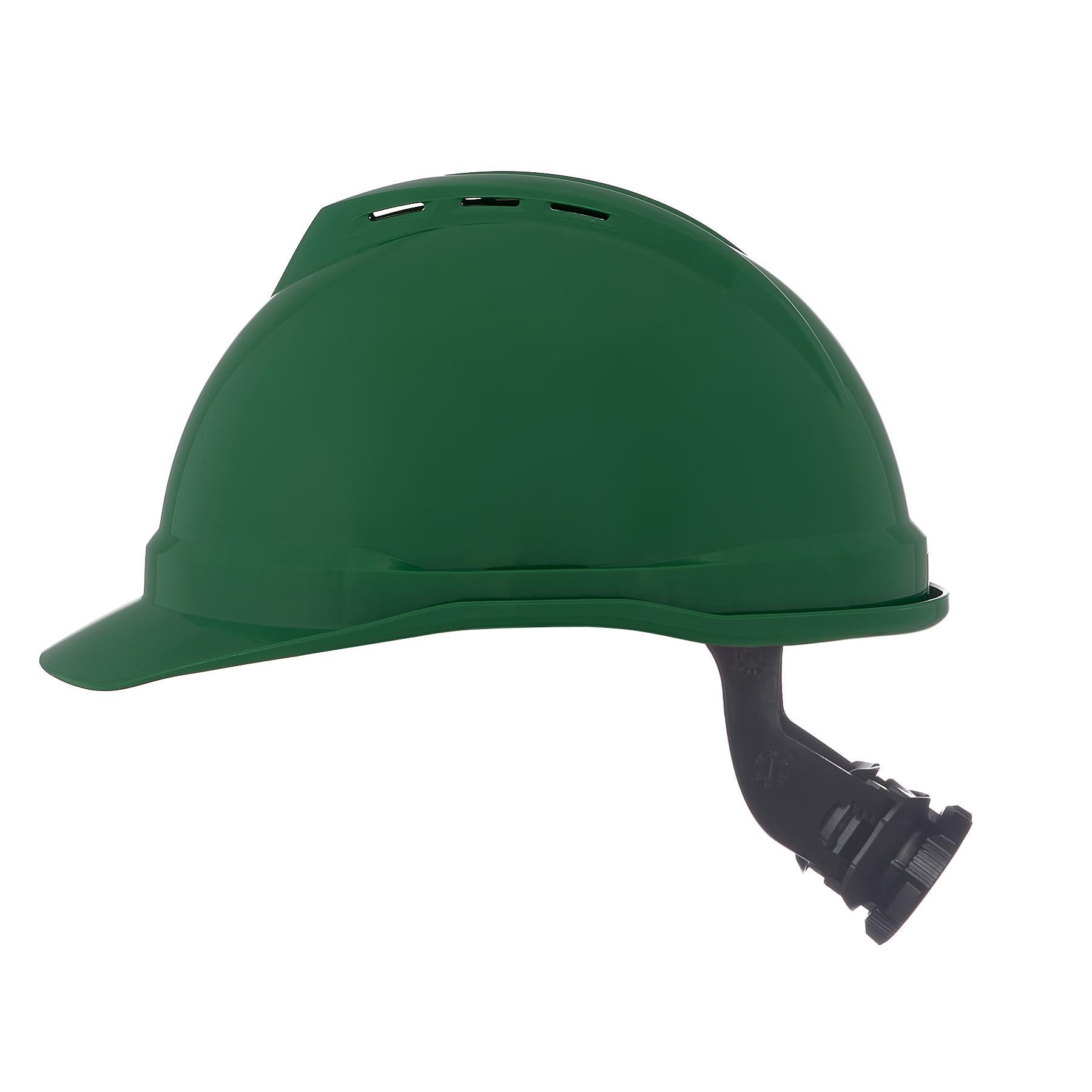 Hard Hat, Front Brim Vented, Series: 500, Standard Size, Fits Minimum Hat Size: 6-1/2, Fits Maximum Hat Size: 8, Green, Polyethylene, 4-Point Suspension, ANSI Electrical Class Rating: Class C, ANSI Impact Rating: Type I, Slotted: Yes, Ratchet Adjustment
