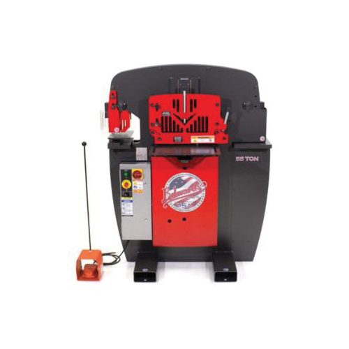 Ironworker, 55 ton Capacity, 7-1/2 in Throat Depth, 3 x 3 x 3/8 in, 4 x 4 x 1/4 in Angle Shearing, Flat Bar Shearing: 3/8 x 14 in, 1/2 x 12 in, 3/4 x 4 in, 65000 psi Punch, 5 hp, 1 ph, 230 V, 23 A Motor, 1725 RPM Speed, 2500 psi Hydraulic