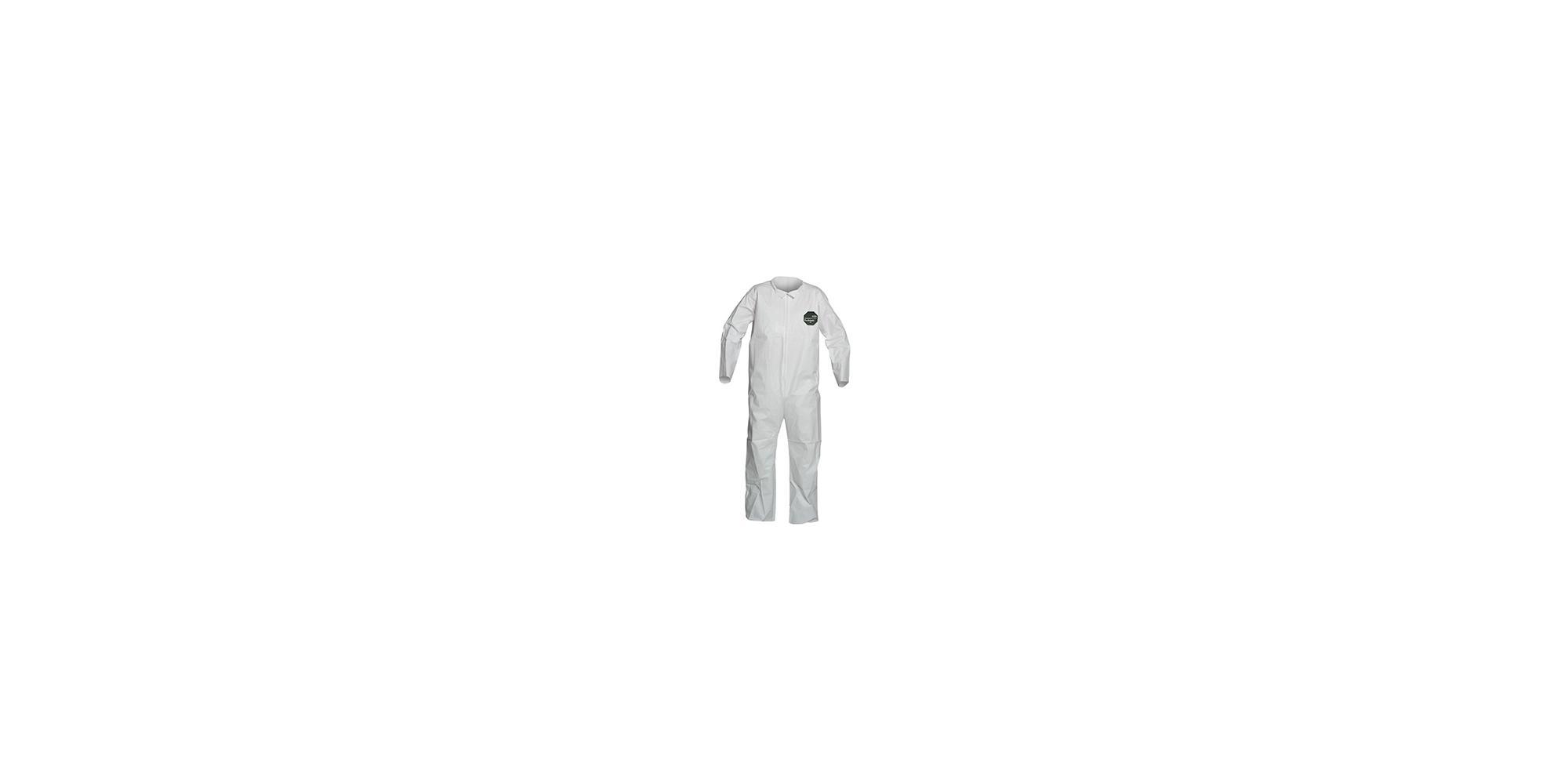 Disposable Coverall, Collared, Series: NB120S, 2XL Size, White, 10 mil ProShield® 50, 44-1/4 to 47-3/4 in Chest, 28-3/4 in Inseam Length, 1.5 oz/sq-yd Fabric Weight, Serged Seam, Front Zipper Closure, Resists: Tear