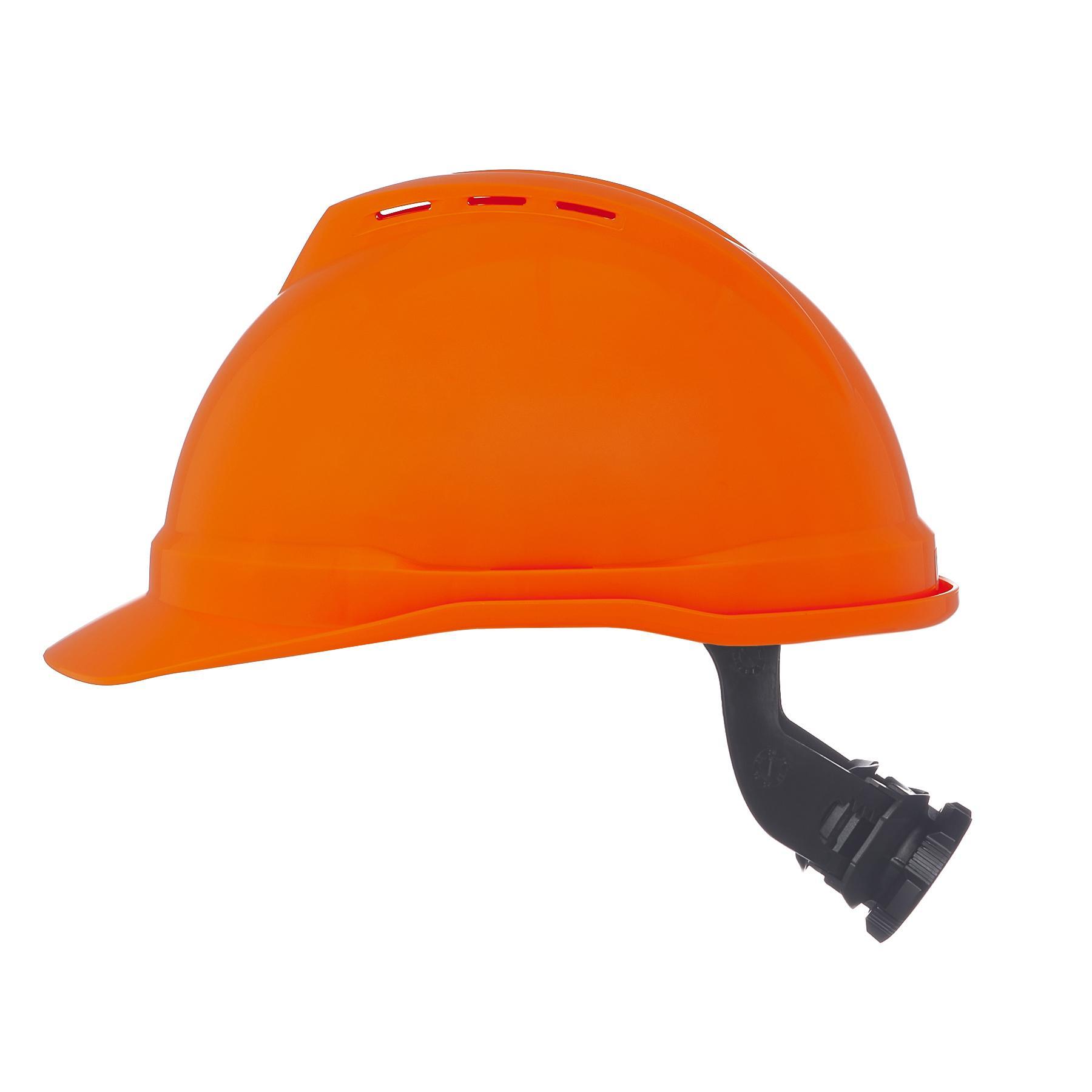 Hard Hat, Front Brim Vented, Series: 500, Standard Size, Fits Minimum Hat Size: 6-1/2, Fits Maximum Hat Size: 8, Hi-Viz Orange, Polyethylene, 6-Point Suspension, ANSI Electrical Class Rating: Class C, ANSI Impact Rating: Type I, Slotted: Yes, Ratchet Adjustment