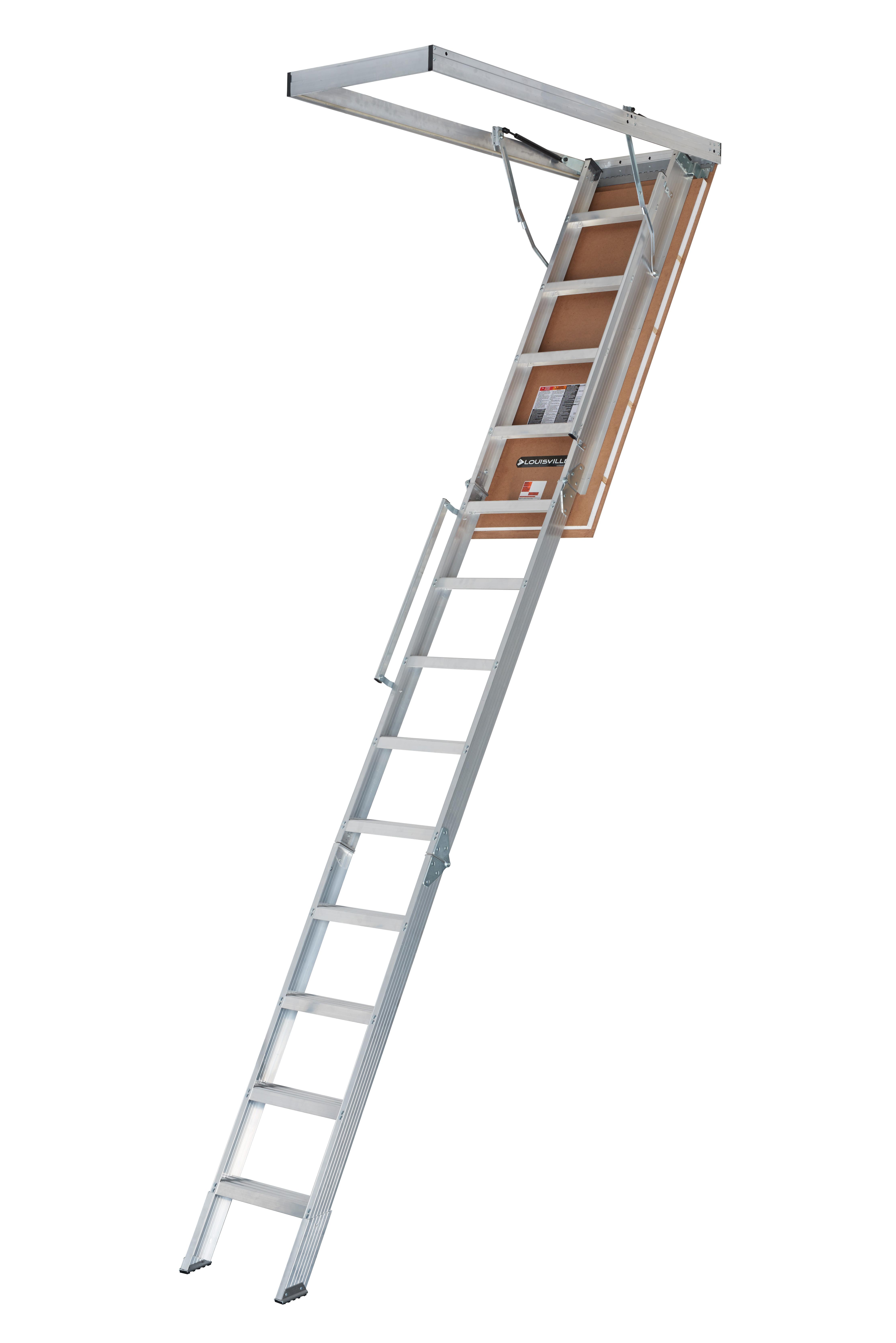 Attic Ladder, Heavy Duty, Series: AL224XXX, 10 to 12 ft Ceiling Height, ANSI Code: Type IAA, Aluminum, 375 lb Load, 22.5 x 63 in Rough Opening, 87 in Swing Clearance, 78 in Landing Space