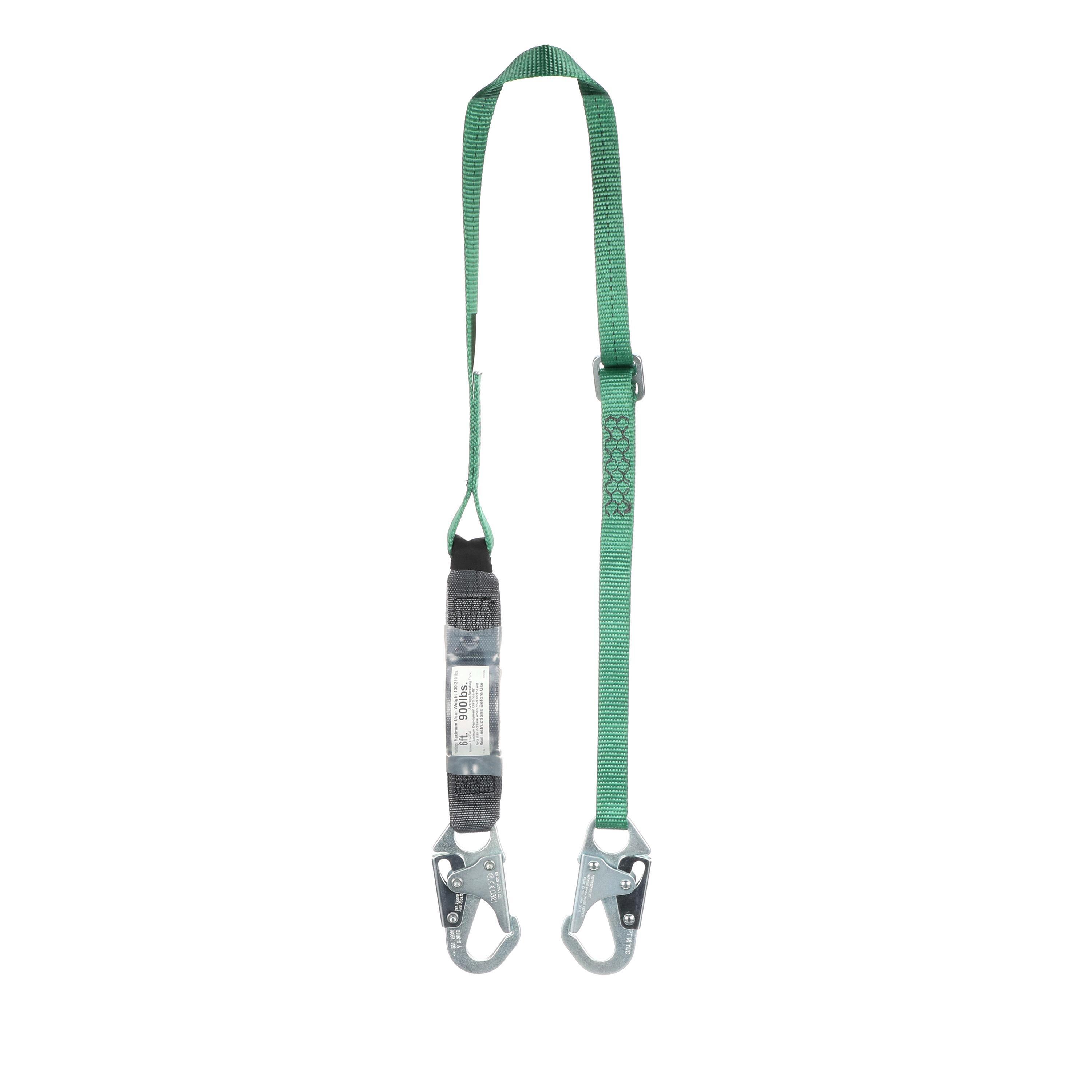Energy Absorbing Lanyard, Adjustable Standard Shock, Series: V-SERIES™, 130 to 310 lb Load, 6 ft Length, Polyester Line, Steel Hardware, 1 Leg, Green, 1 in Strap Width, (1) 36C Small Snap Hook Anchorage Connection, Snap Hook Harness Connection Hook, Specifications Met: ANSI/ASSE Z359.13/Z359.3, ASTM F887-005, CE Certified, OSHA 29 CFR 1910.66