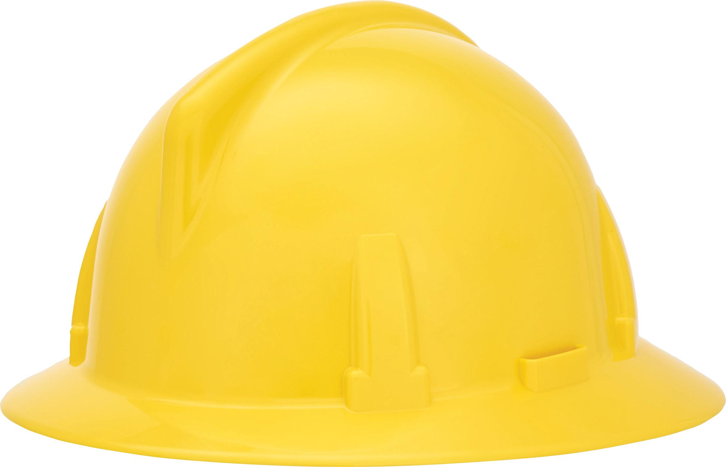 Hard Hat, Full Brim Non-Vented, Standard Size, Fits Minimum Hat Size: 6-1/2, Fits Maximum Hat Size: 8, Yellow, Polycarbonate, 4-Point Suspension, ANSI Electrical Class Rating: Class E, ANSI Impact Rating: Type I, Slotted: No, Ratchet Adjustment