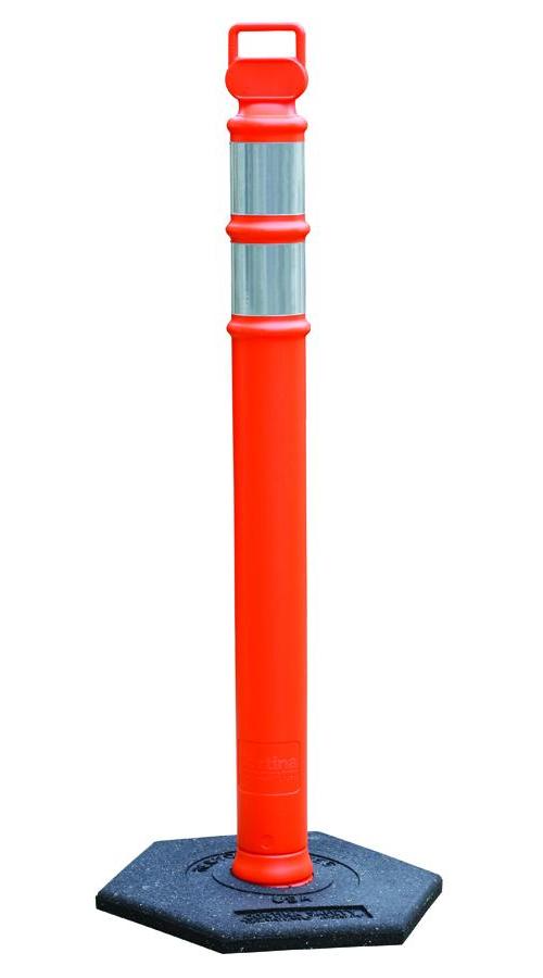 Delineator Post, Flared Portable, 45 in Height, 4-1/2 in Post Dia, Orange Post, Polyethylene Post, Rubber Base, Black Base, 10 lb, High Intensity Prismatic Sheet Stripe, 2 Stripes, 3 in Stripe Height